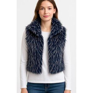 Bebe Blue/White Long Shaggy Faux Fur Vest Size Small Y2K Hippie Festival Boho